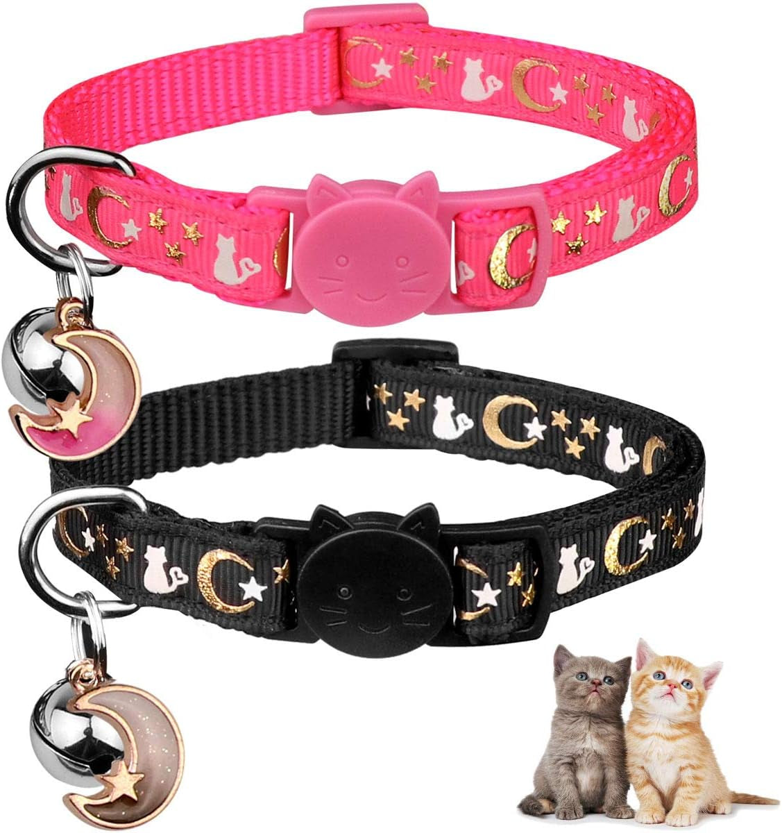 2PCS Glow in the Dark Breakaway Cat Collars with Bell Moons Stars Cute Kitty Adjustable Safe Kitten Collars