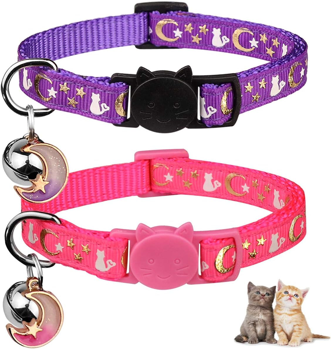 2PCS Glow in the Dark Breakaway Cat Collars with Bell Moons Stars Cute Kitty Adjustable Safe Kitten Collars