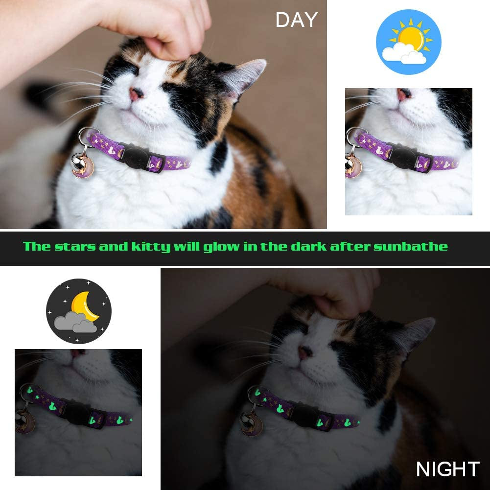 2PCS Glow in the Dark Breakaway Cat Collars with Bell Moons Stars Cute Kitty Adjustable Safe Kitten Collars