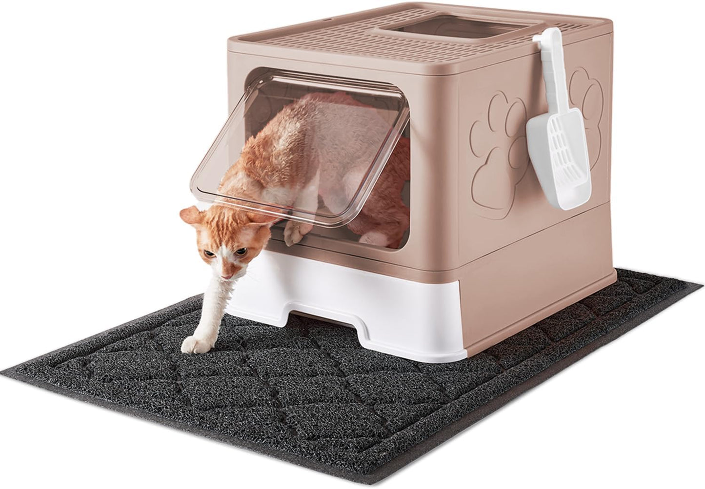 Cat Litter Box with Litter Mat and Scoop, Large Foldable Litter Box with Lid, Front Entry Top Exit Kitty Litter Box, Odor Control Easy Clean