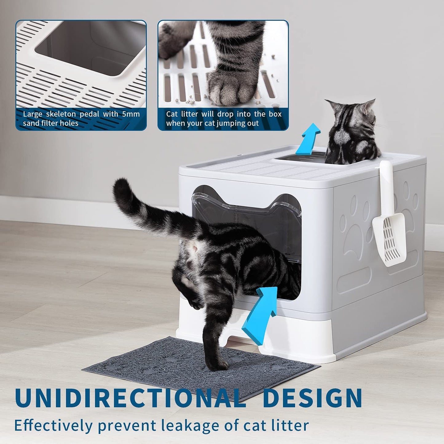 Cat Litter Box with Litter Mat and Scoop, Large Foldable Litter Box with Lid, Front Entry Top Exit Kitty Litter Box, Odor Control Easy Clean