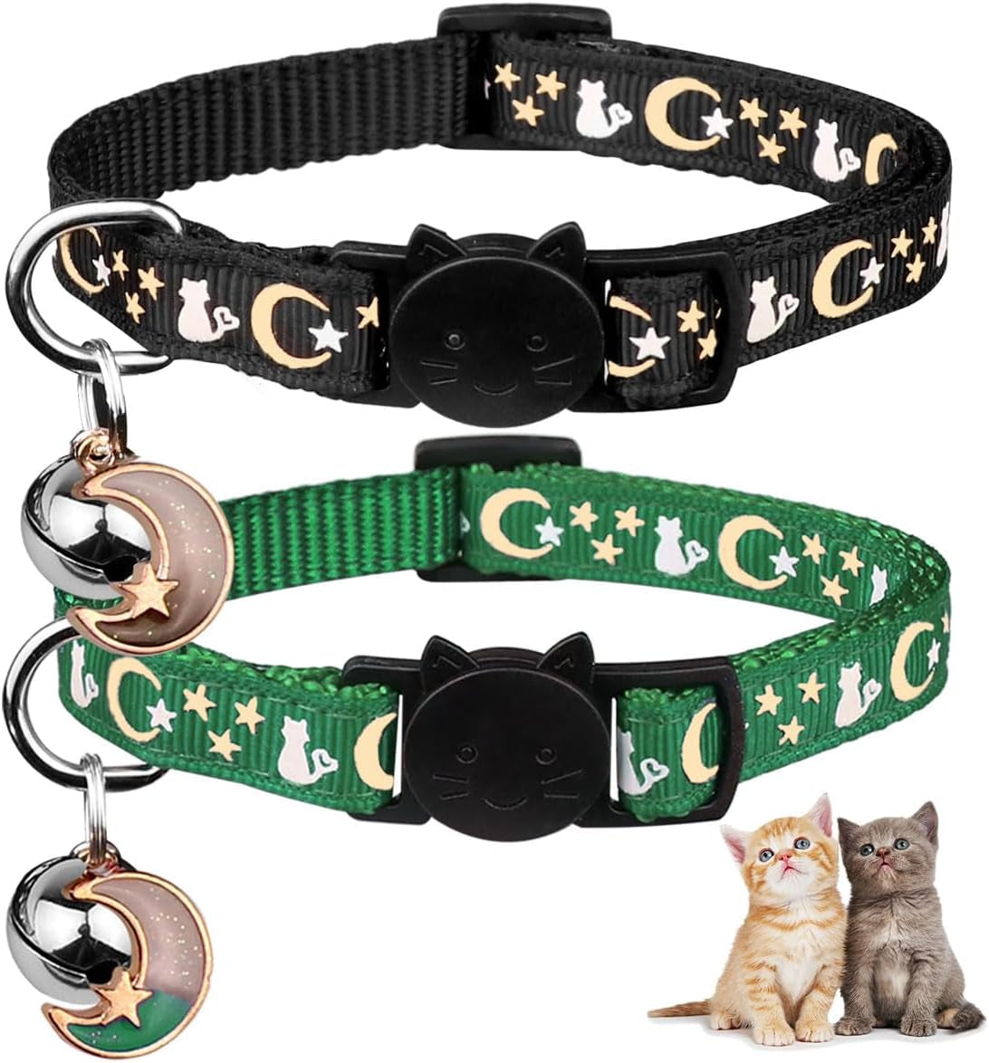 2PCS Glow in the Dark Breakaway Cat Collars with Bell Moons Stars Cute Kitty Adjustable Safe Kitten Collars