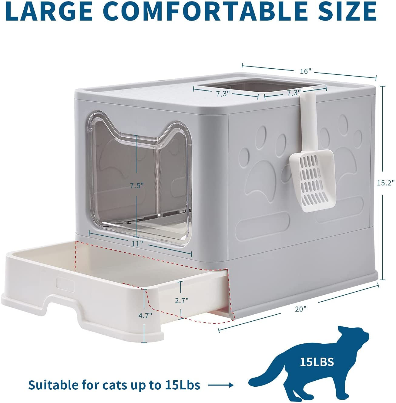 Cat Litter Box with Litter Mat and Scoop, Large Foldable Litter Box with Lid, Front Entry Top Exit Kitty Litter Box, Odor Control Easy Clean