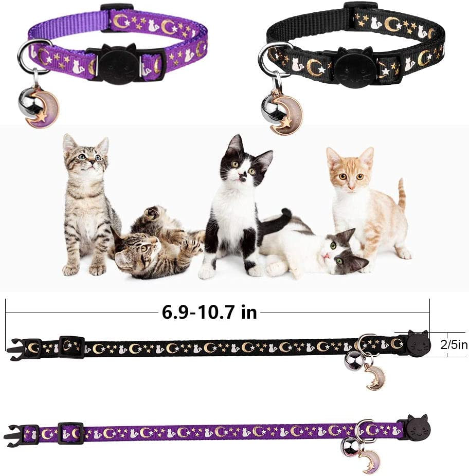 2PCS Glow in the Dark Breakaway Cat Collars with Bell Moons Stars Cute Kitty Adjustable Safe Kitten Collars