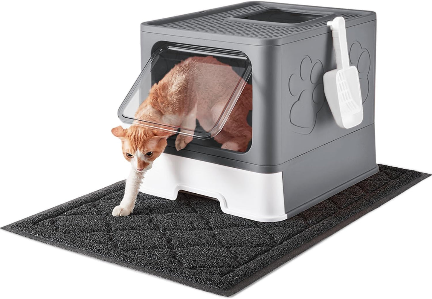 Cat Litter Box with Litter Mat and Scoop, Large Foldable Litter Box with Lid, Front Entry Top Exit Kitty Litter Box, Odor Control Easy Clean
