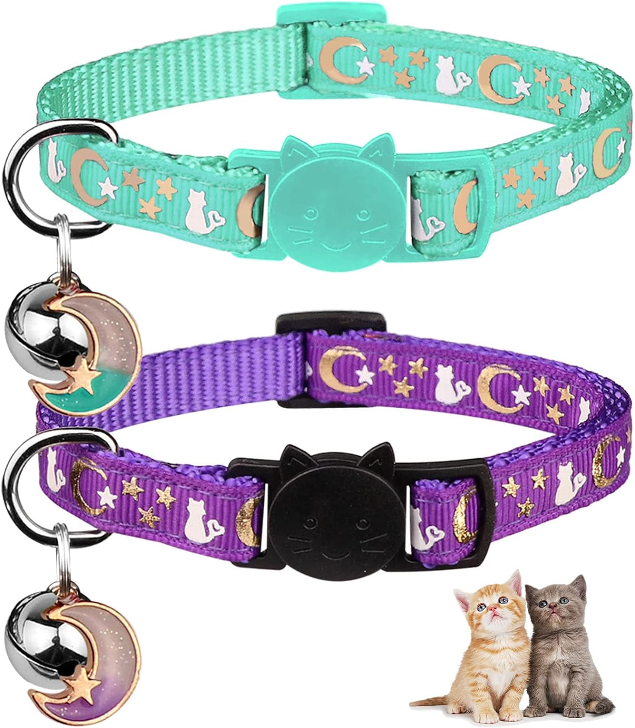 2PCS Glow in the Dark Breakaway Cat Collars with Bell Moons Stars Cute Kitty Adjustable Safe Kitten Collars