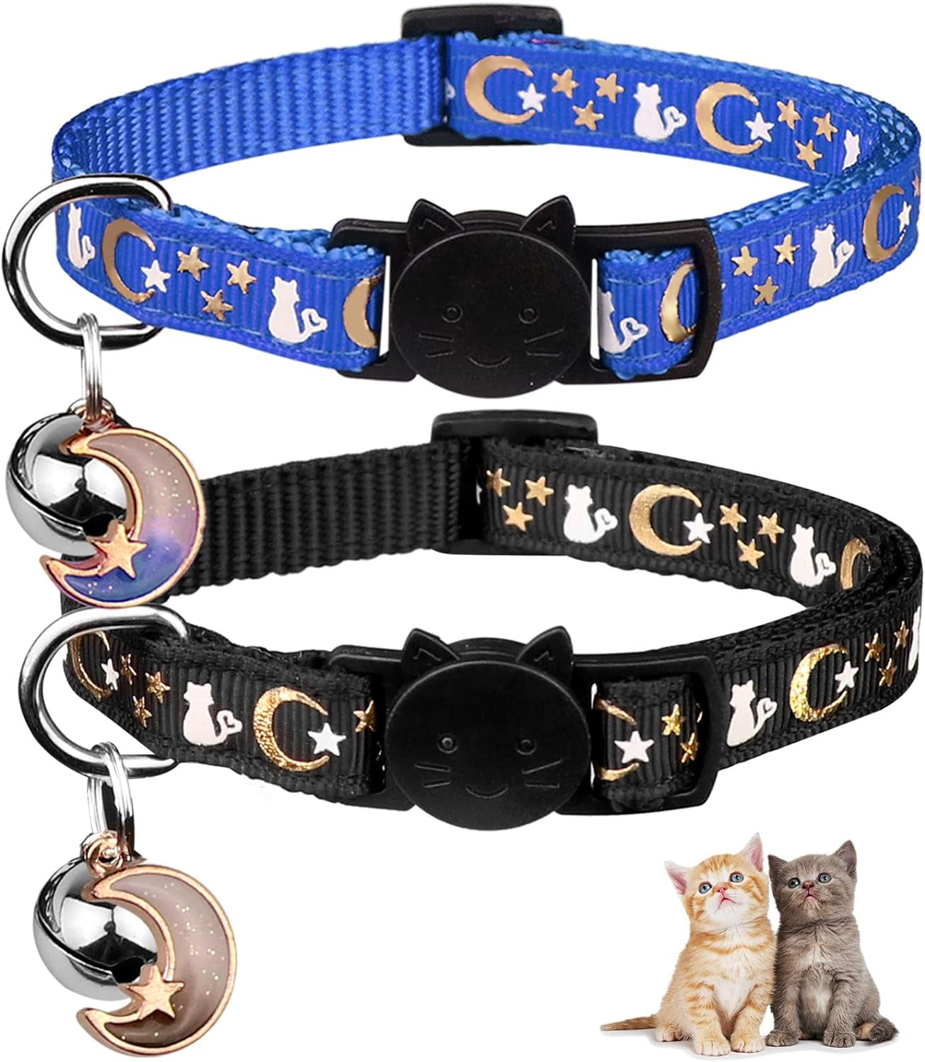 2PCS Glow in the Dark Breakaway Cat Collars with Bell Moons Stars Cute Kitty Adjustable Safe Kitten Collars