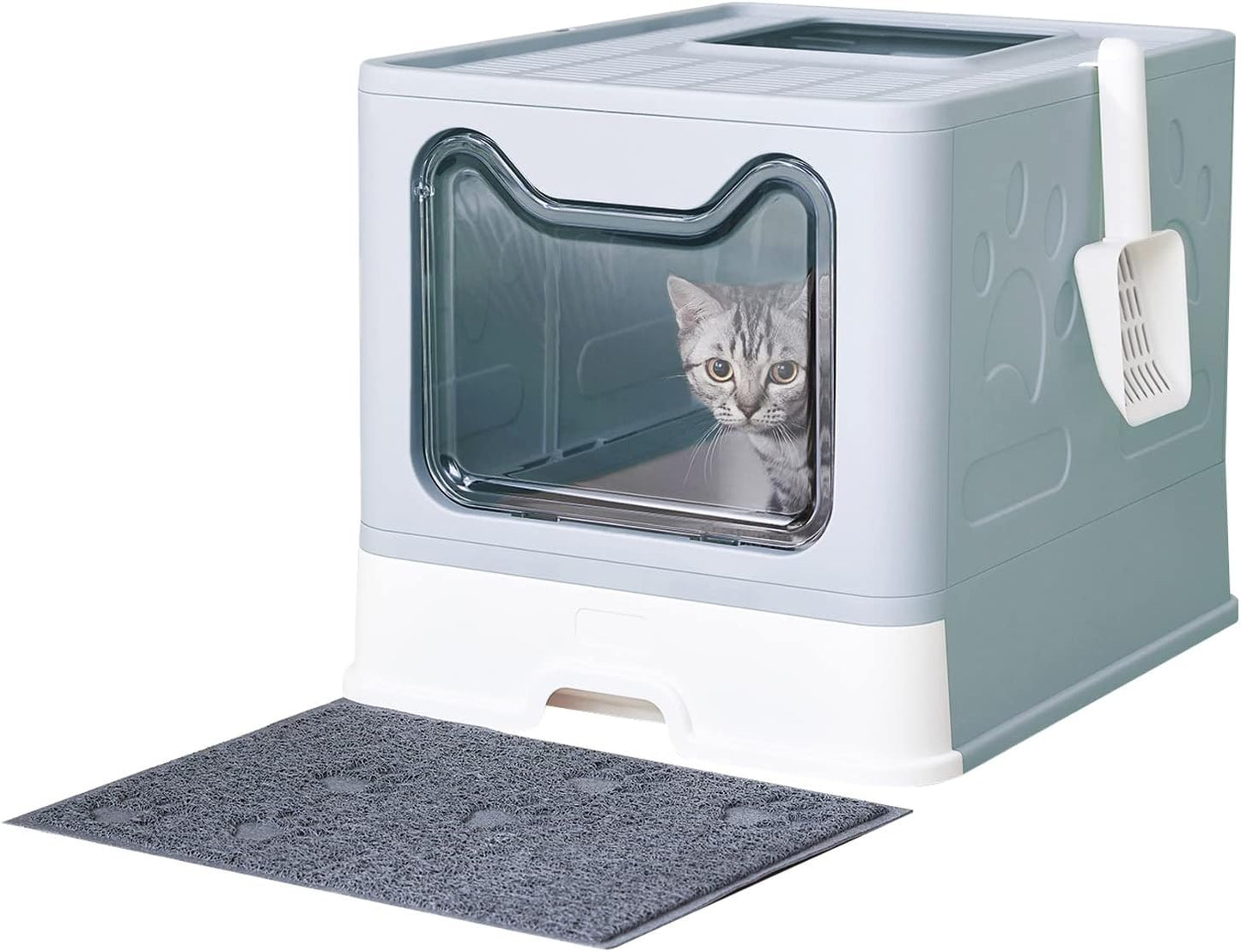 Cat Litter Box with Litter Mat and Scoop, Large Foldable Litter Box with Lid, Front Entry Top Exit Kitty Litter Box, Odor Control Easy Clean