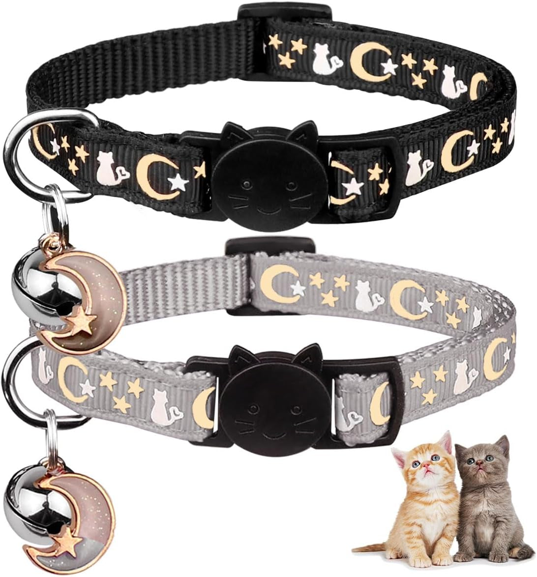 2PCS Glow in the Dark Breakaway Cat Collars with Bell Moons Stars Cute Kitty Adjustable Safe Kitten Collars