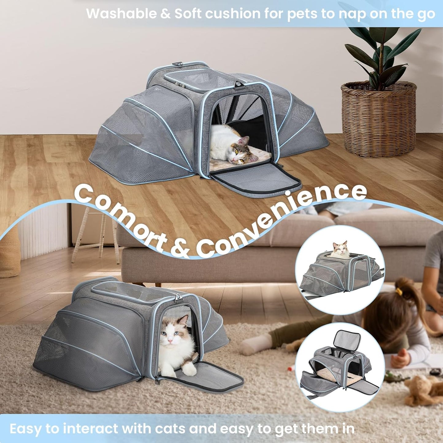 Expandable Cat Carriers Airline Approved, Cat Carrier Soft-Sided Portable Washable Pet Travel Carrier with Two Extension