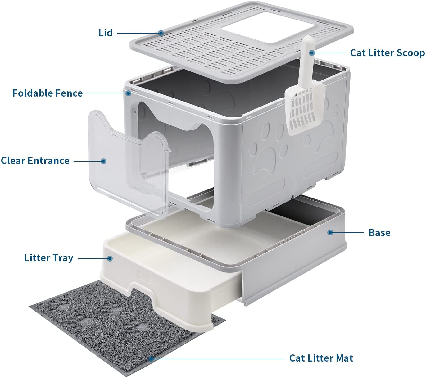 Cat Litter Box with Litter Mat and Scoop, Large Foldable Litter Box with Lid, Front Entry Top Exit Kitty Litter Box, Odor Control Easy Clean