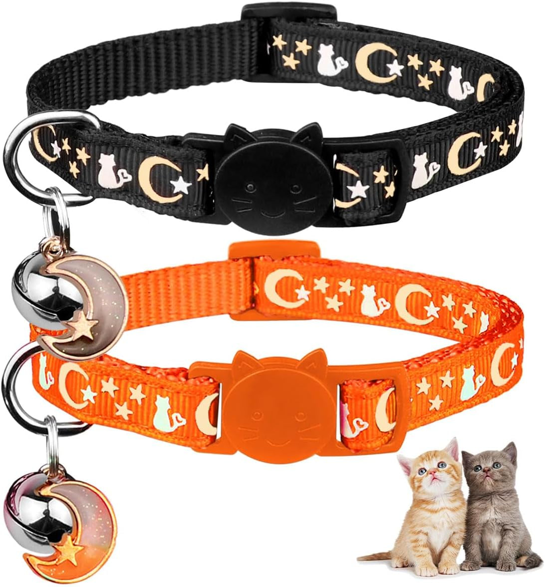 2PCS Glow in the Dark Breakaway Cat Collars with Bell Moons Stars Cute Kitty Adjustable Safe Kitten Collars