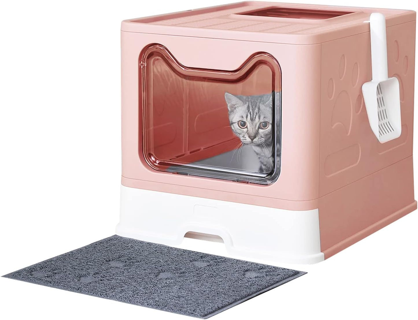 Cat Litter Box with Litter Mat and Scoop, Large Foldable Litter Box with Lid, Front Entry Top Exit Kitty Litter Box, Odor Control Easy Clean