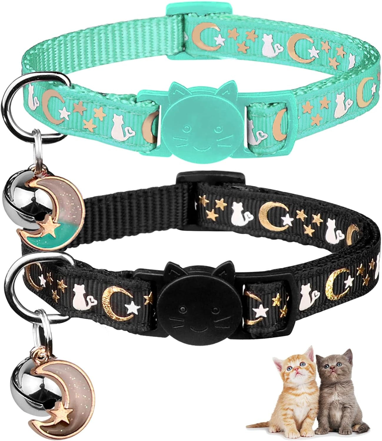 2PCS Glow in the Dark Breakaway Cat Collars with Bell Moons Stars Cute Kitty Adjustable Safe Kitten Collars