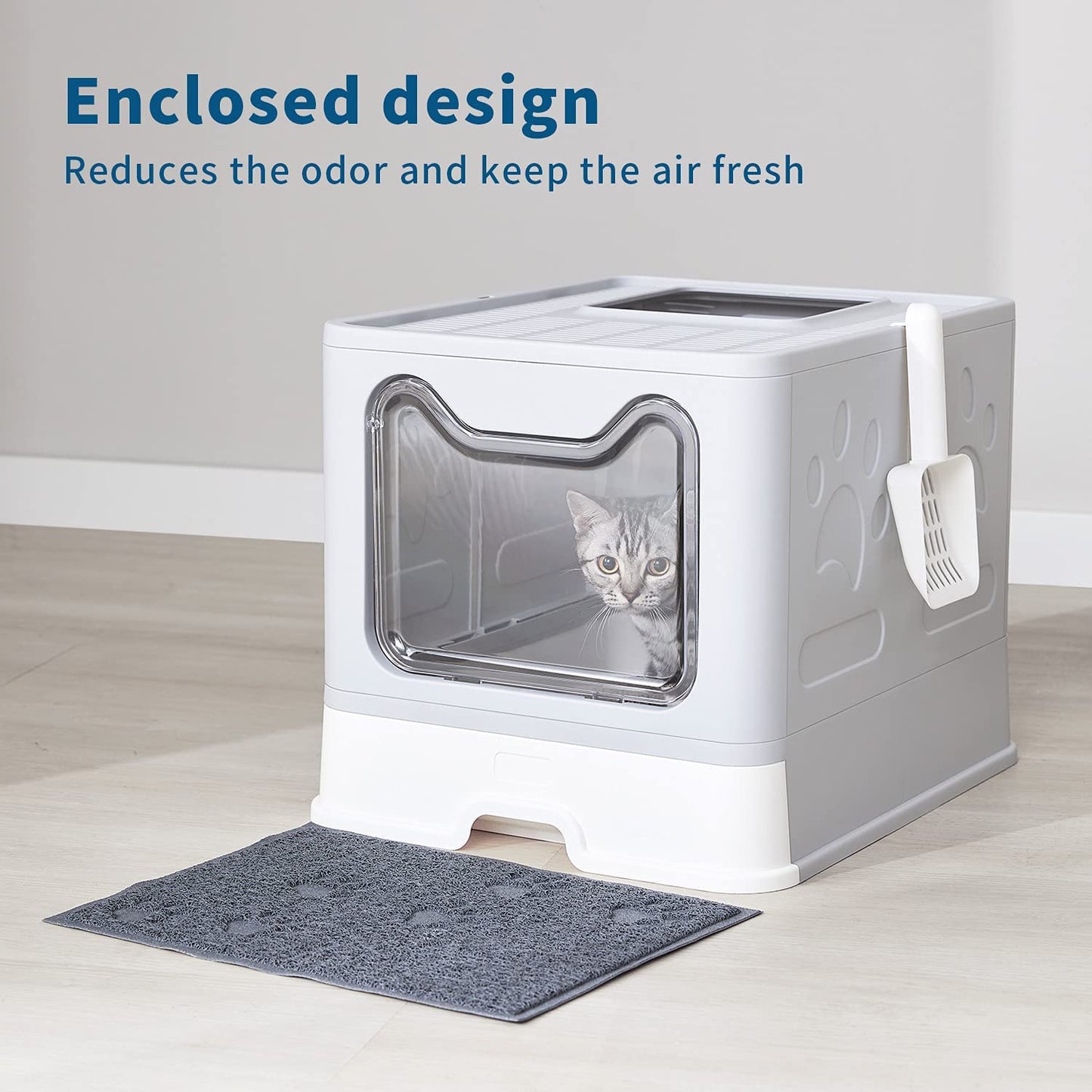 Cat Litter Box with Litter Mat and Scoop, Large Foldable Litter Box with Lid, Front Entry Top Exit Kitty Litter Box, Odor Control Easy Clean