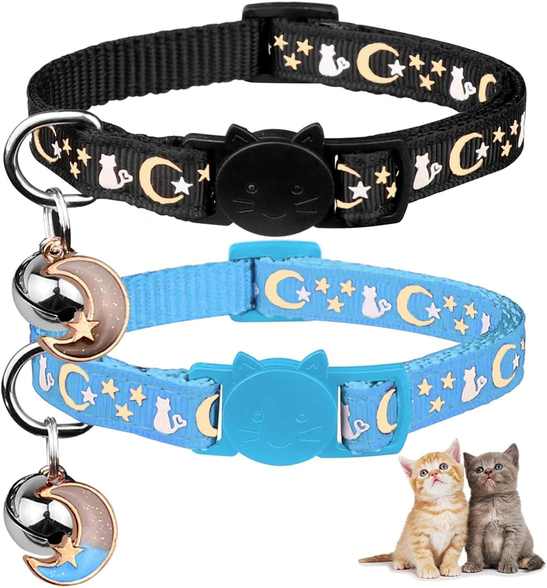 2PCS Glow in the Dark Breakaway Cat Collars with Bell Moons Stars Cute Kitty Adjustable Safe Kitten Collars