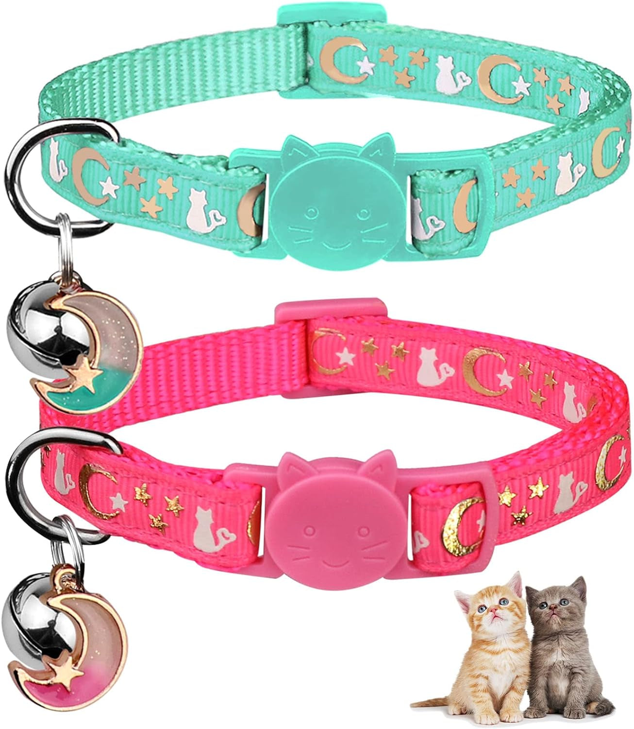 2PCS Glow in the Dark Breakaway Cat Collars with Bell Moons Stars Cute Kitty Adjustable Safe Kitten Collars