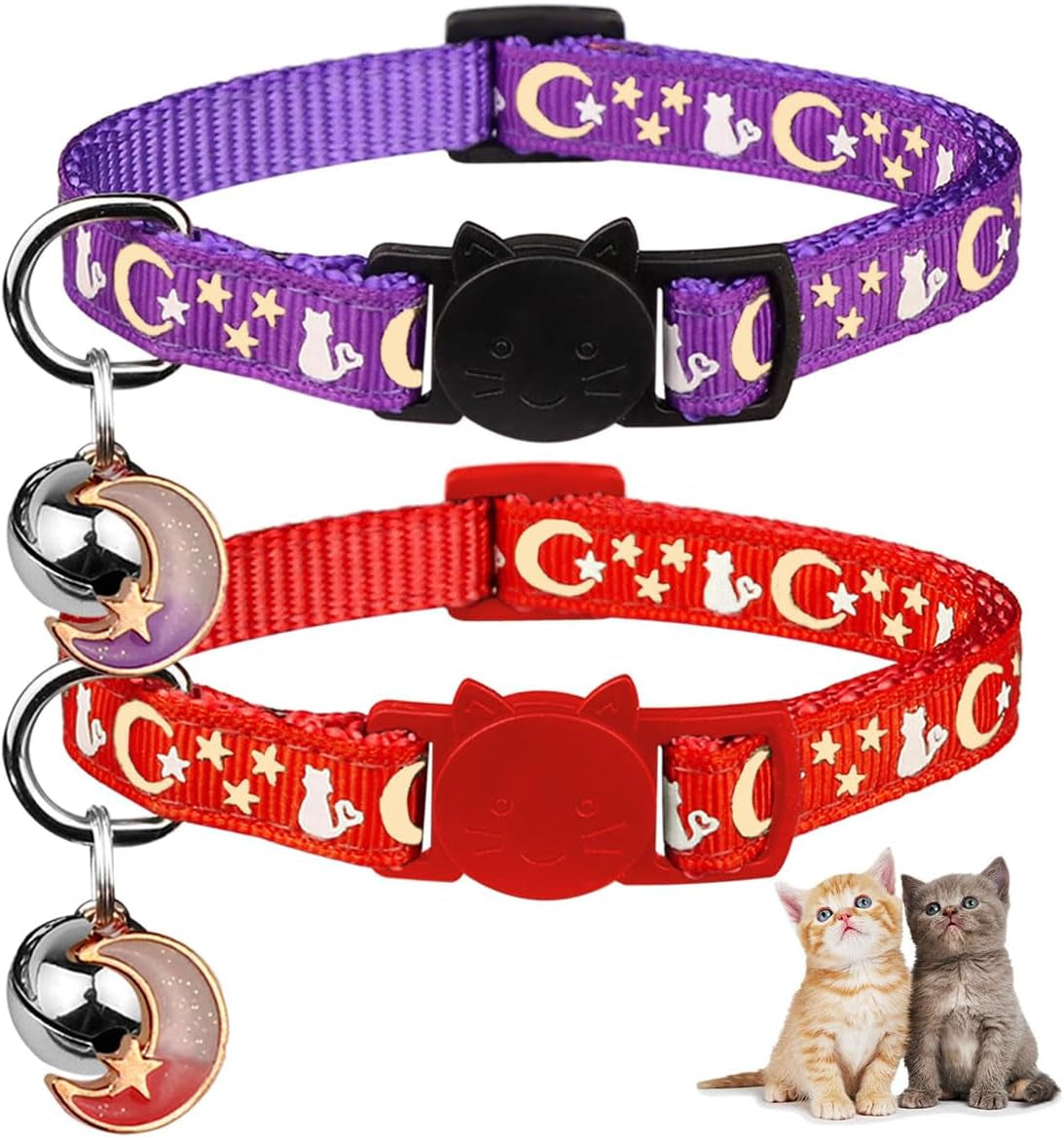 2PCS Glow in the Dark Breakaway Cat Collars with Bell Moons Stars Cute Kitty Adjustable Safe Kitten Collars