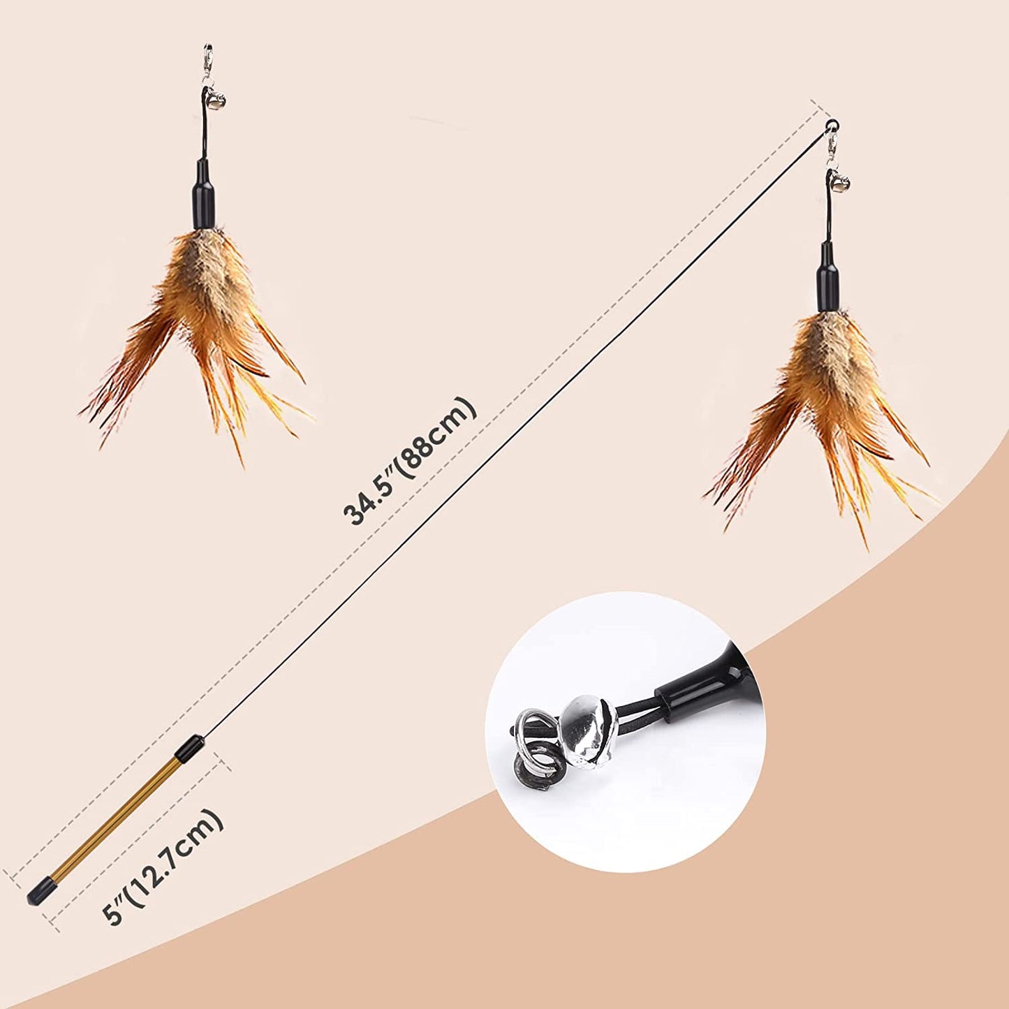 Feather Teaser Cat Toy, Interactive Feather Wand Cat Toy Flying Feather Cat Catcher with Extra Long 34.5" Wand and Small Bell, Fun Exerciser Playing Toy for Kitten or Cat