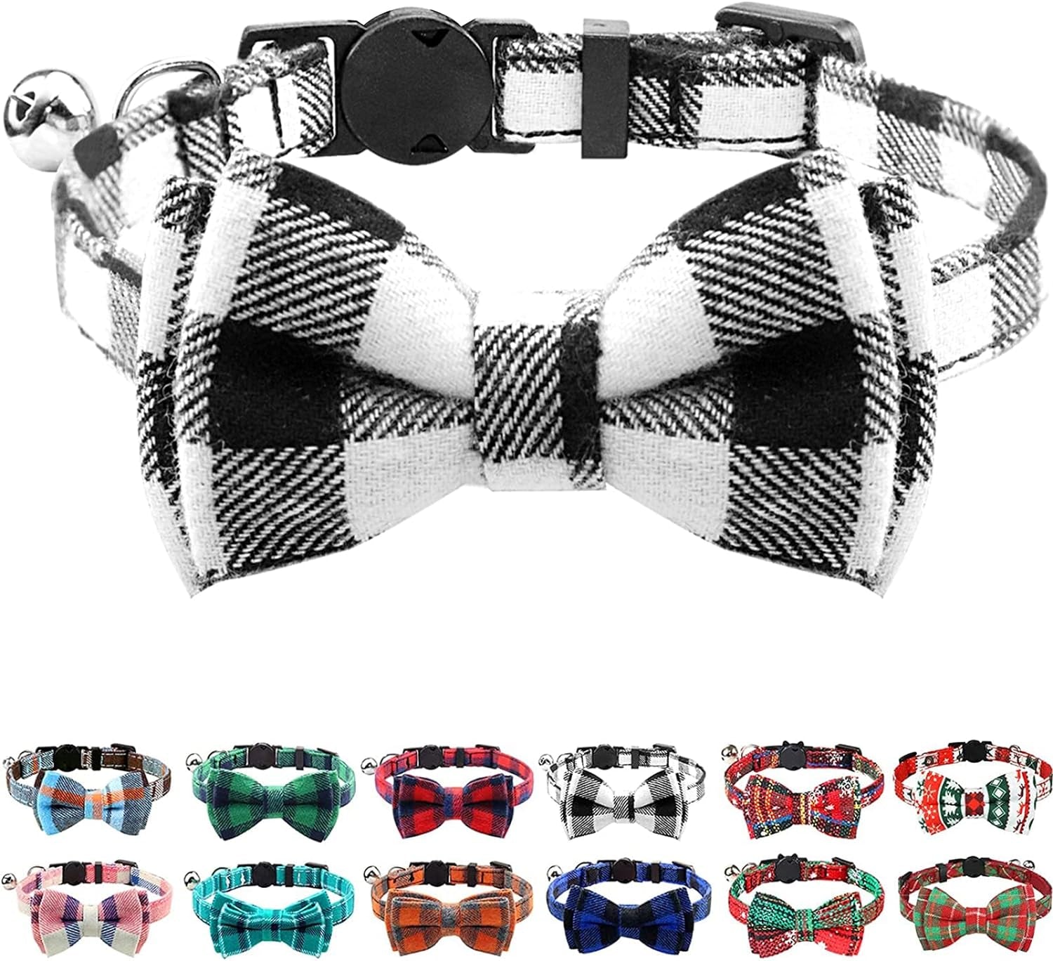 Upgraded Cat Collar with Bells, Breakaway Cat Collars with Bow Tie, 1 Pack Safety Plaid Kitten Collars