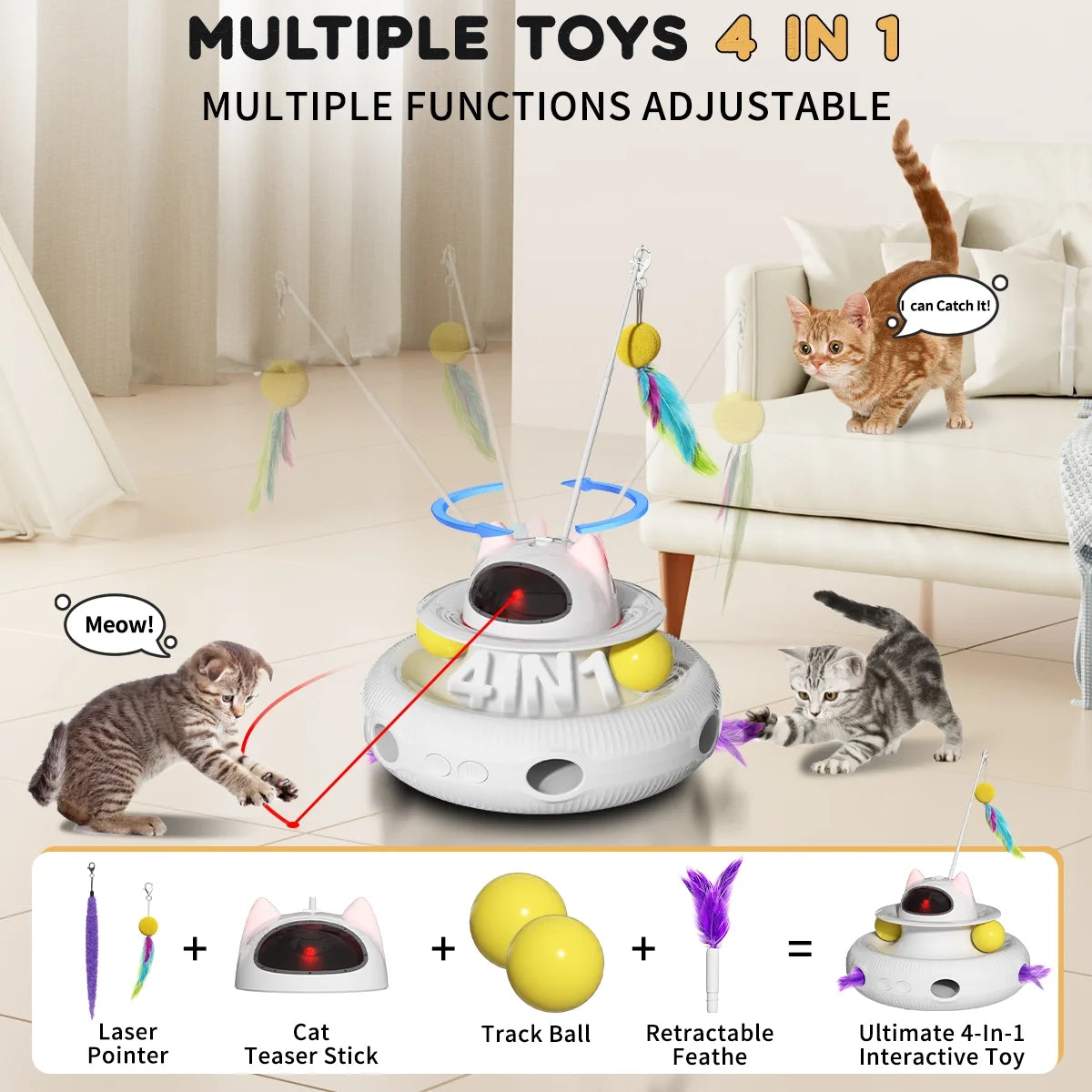 4 in 1 Interactive Cat Toys for Indoor Cats,Cat Laser Toys with 360°Rotation, Interactive Exercise Play Kitten Toy, Automatic Cat Wand Toys, Track Balls,Indoor Exercise Cat Kicker with USB Rechargeable