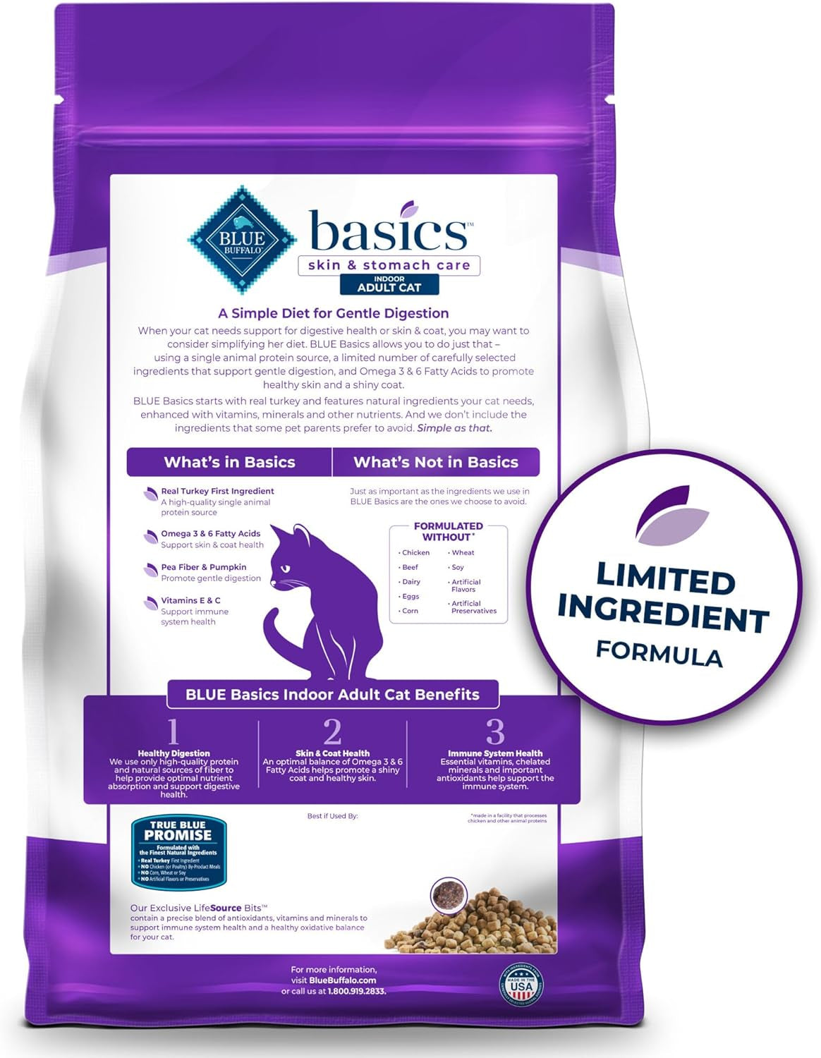 Basics Grain-Free Dry Cat Food, Skin & Stomach Care, Limited Ingredient Diet for Indoor Cats, Turkey & Potato Recipe