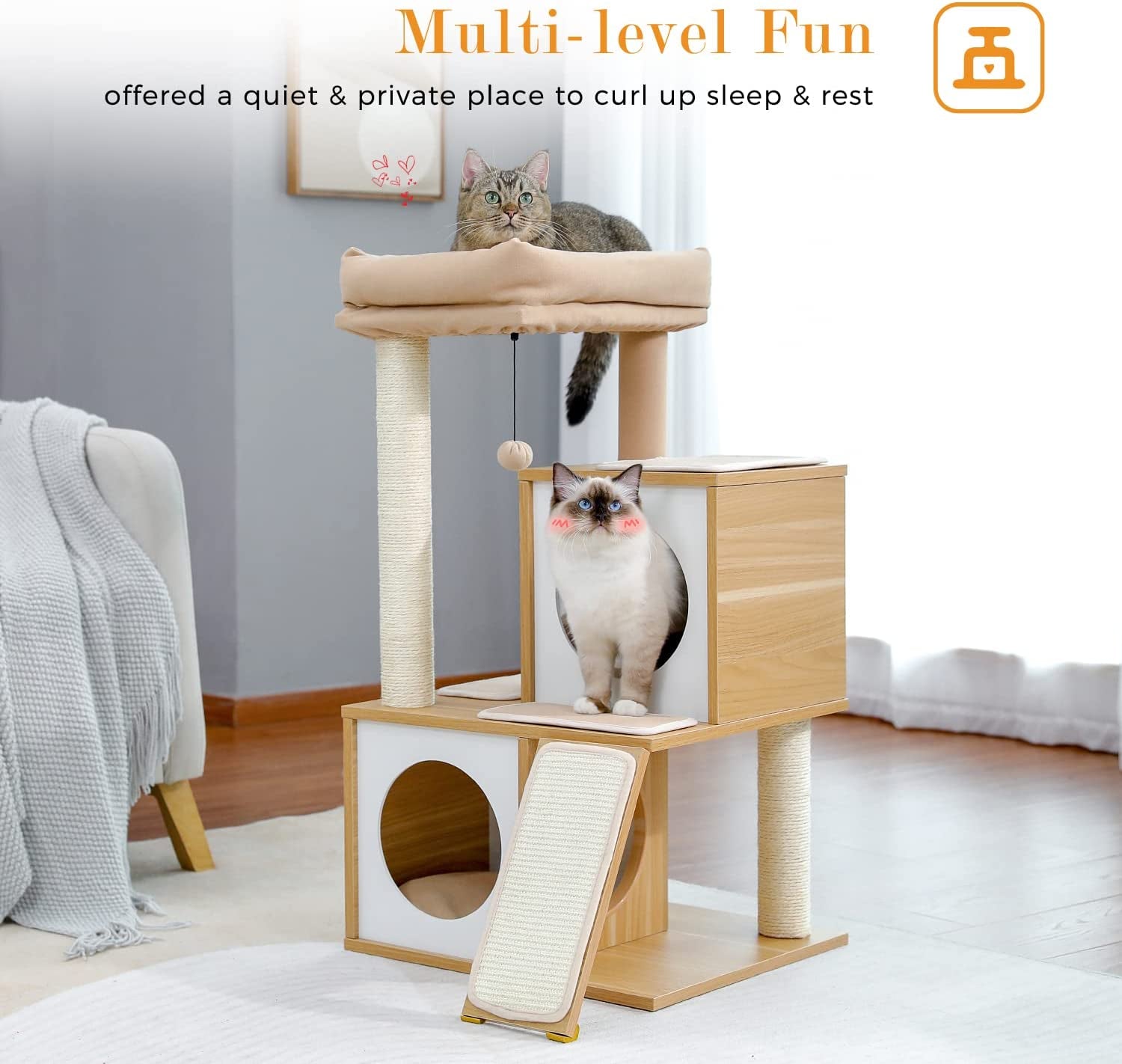 Cat Tree Wooden Cat Tower with Double Condos, Spacious Perch, Fully Wrapped Scratching Sisal Posts and Replaceable Dangling Balls