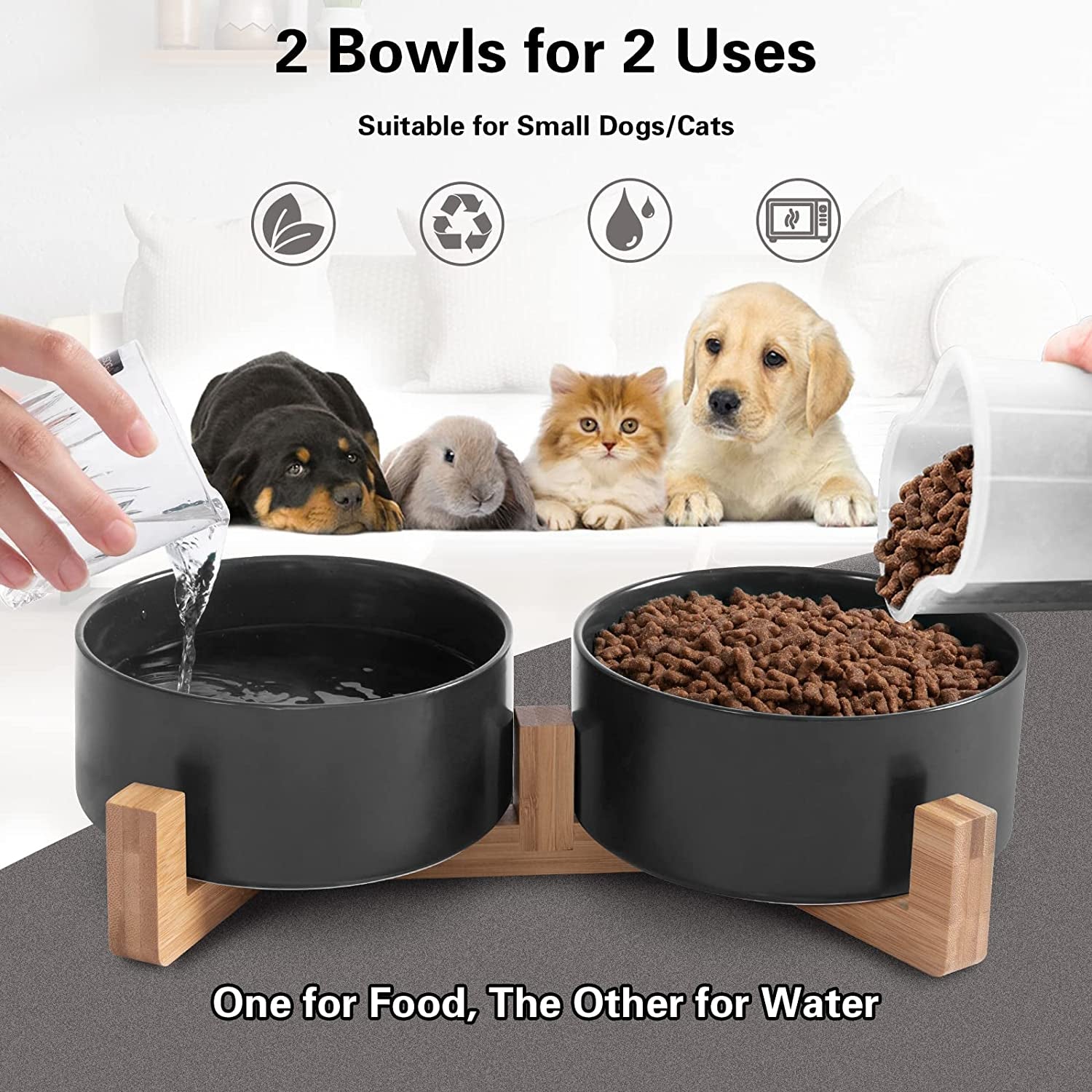 Cat Bowls, Ceramic Food and Water Bowls Set with Wood Stand