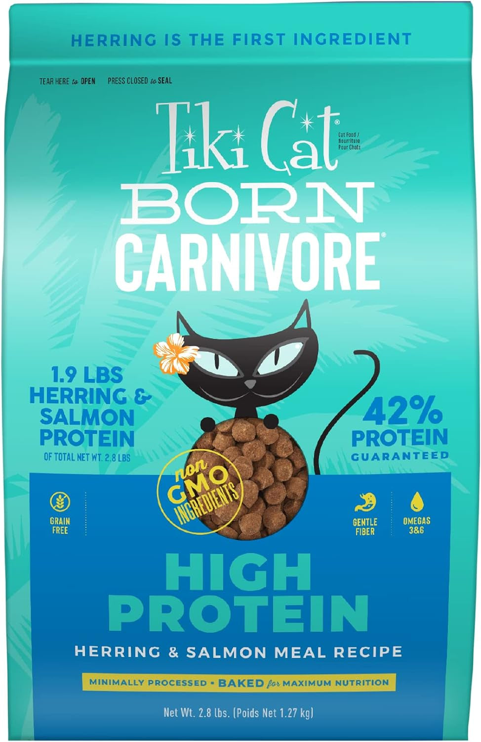 Tiki Cat Born Carnivore High Protein, Herring & Salmon Meal, Grain-Free Baked Kibble to Maximize Nutrients, Dry Cat Food