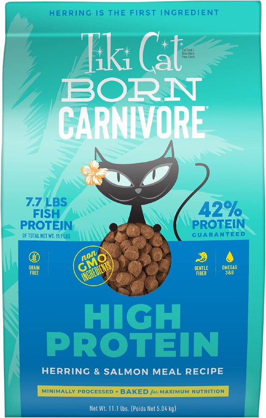 Tiki Cat Born Carnivore High Protein, Herring & Salmon Meal, Grain-Free Baked Kibble to Maximize Nutrients, Dry Cat Food