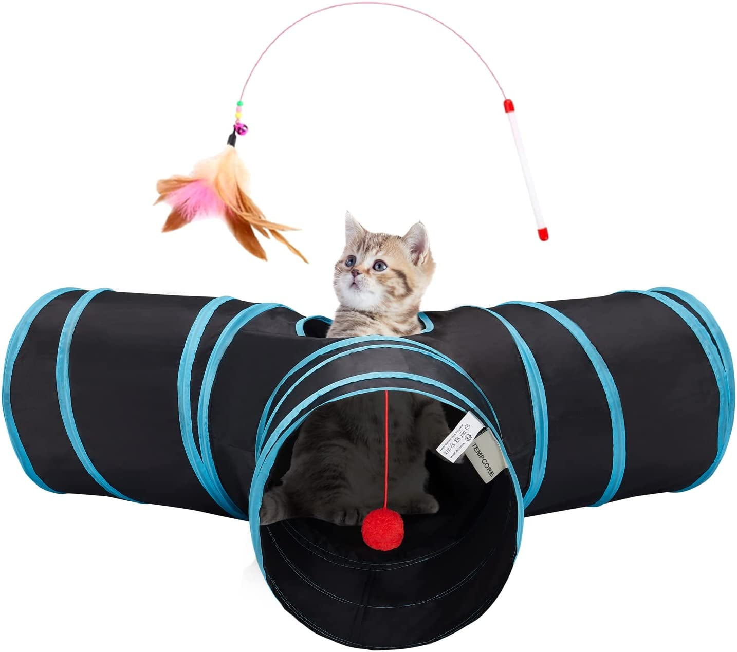 Pet Cat Tunnel Tube Toys 3 Way Collapsible, Tunnels for Indoor Cats, Kitty Bored Peek Hole Toy Ball