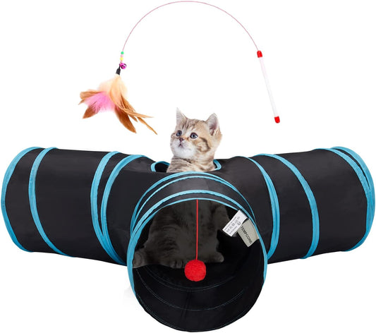 Pet Cat Tunnel Tube Toys 3 Way Collapsible, Tunnels for Indoor Cats, Kitty Bored Peek Hole Toy Ball