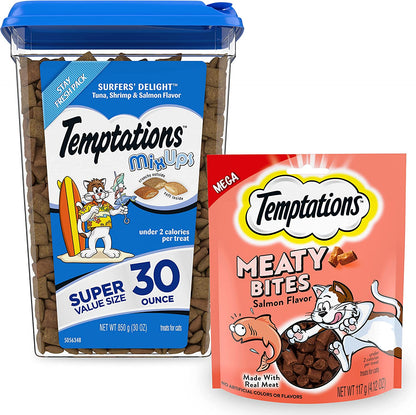 Bundle Pack | Mixups Crunchy and Soft Cat Treats, Surfer's Delight Flavor, 30 Oz. Tub Meaty Bites, Soft and Savory Cat Treats, Salmon Flavor, 4.12 Oz. Pouch