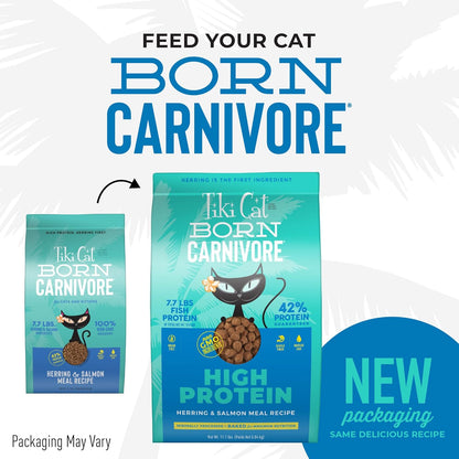 Tiki Cat Born Carnivore High Protein, Herring & Salmon Meal, Grain-Free Baked Kibble to Maximize Nutrients, Dry Cat Food