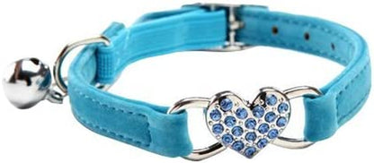 Soft Velvet Safe Cat Adjustable Collar with Crystal Heart Charm and Bells 8-11 Inches