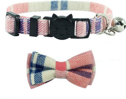 Cat Collar Breakaway with Bell and Bow Tie, Plaid Design Adjustable Safety Kitty Kitten Collars(6.8-10.8In)(Pink Plaid 2)