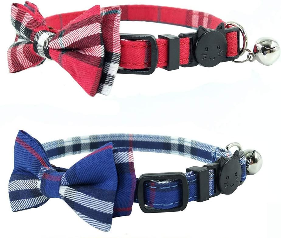 Cat Collar Breakaway with Bell and Bow Tie, Plaid Design Adjustable Safety Kitty Collars Set of 2 Pcs(6.8-10.8In) (Red&Blue Plaid)