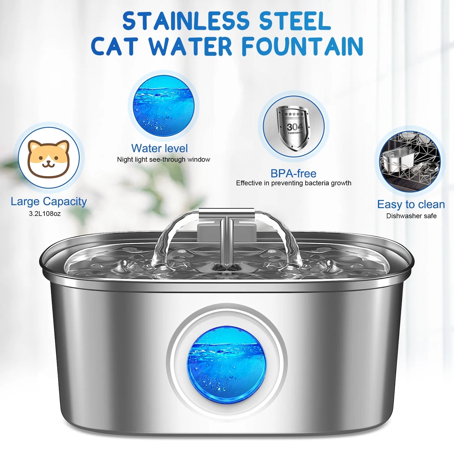 Cat Water Fountain Stainless Steel, 108Oz/3.2L Pet Fountain with Water Level Window