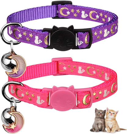 2PCS Glow in the Dark Breakaway Cat Collars with Bell Moons Stars Cute Kitty Adjustable Safe Kitten Collars 