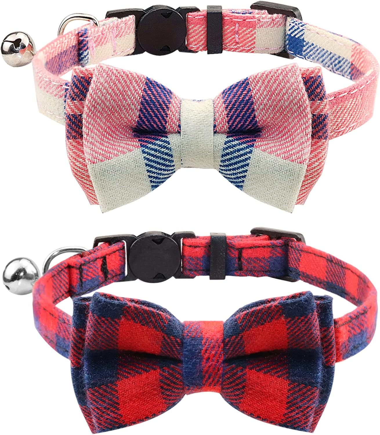 Upgraded Cat Collar with Bells, Breakaway Cat Collars with Bow Tie, 1 Pack Safety Plaid Kitten Collars