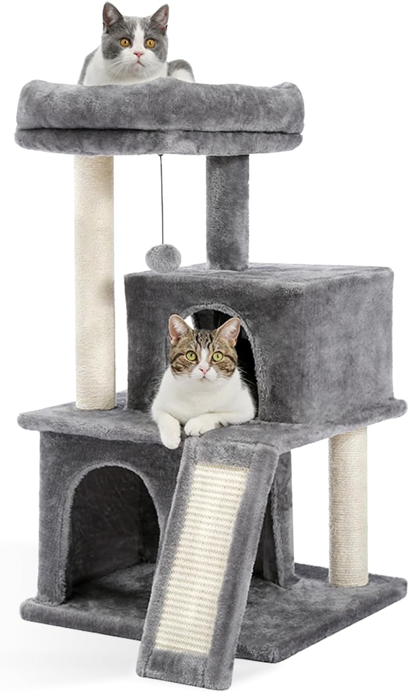 Cat Tree Multilevel Cat Tower with Double Condos, Spacious Perch, Fully Wrapped Scratching Sisal Post and Replaceable Dangling Balls