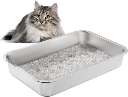 Stainless Steel Litter Box for Cats, Odor Control Litter Pan, Non Stick, Easy to Clean, Rust Proof and Non Slip Rubber Feet