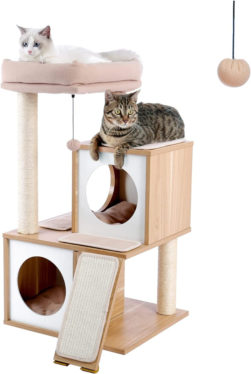 Cat Tree Wooden Cat Tower with Double Condos, Spacious Perch, Fully Wrapped Scratching Sisal Posts and Replaceable Dangling Balls