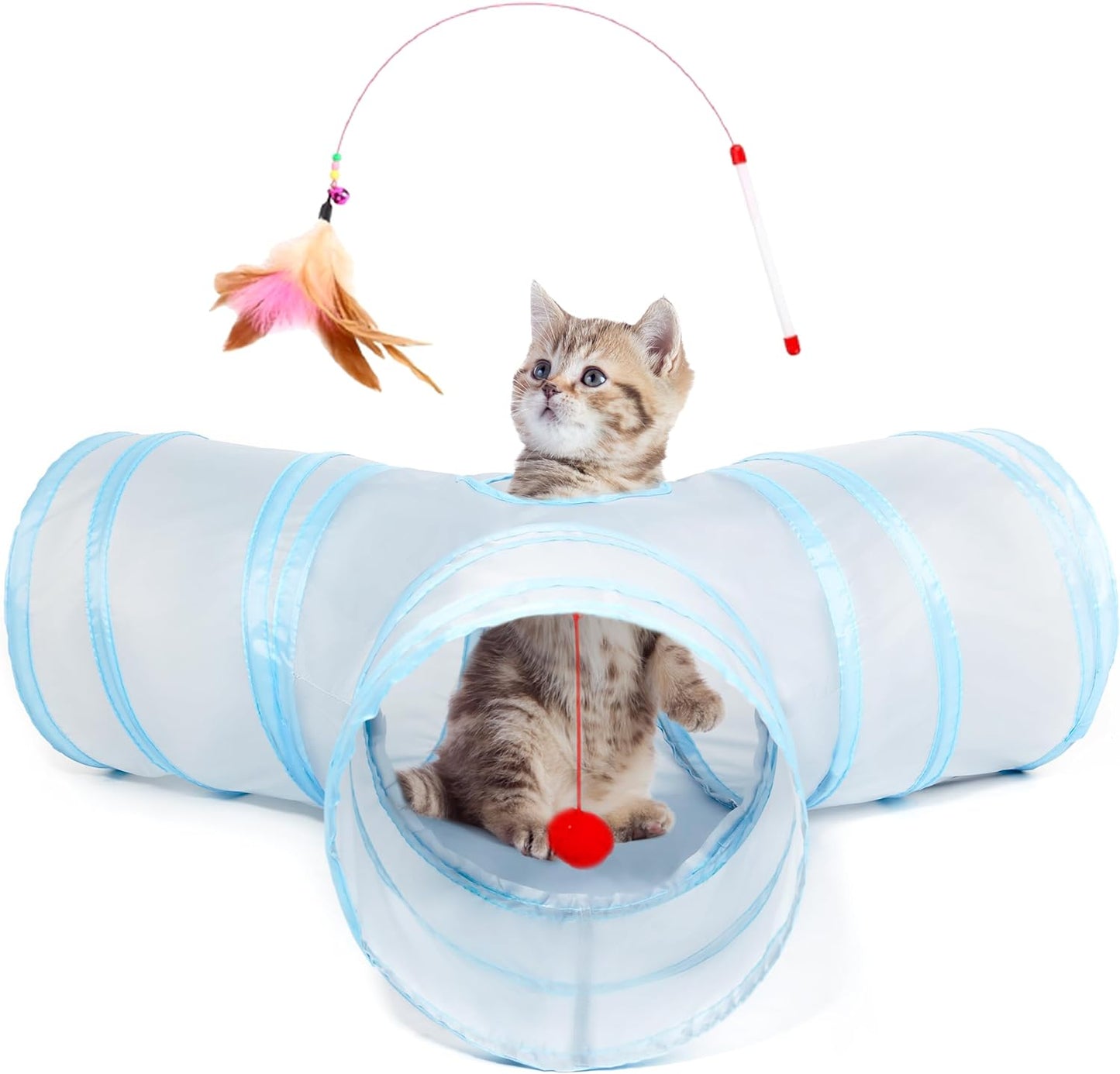 Pet Cat Tunnel Tube Toys 3 Way Collapsible, Tunnels for Indoor Cats, Kitty Bored Peek Hole Toy Ball