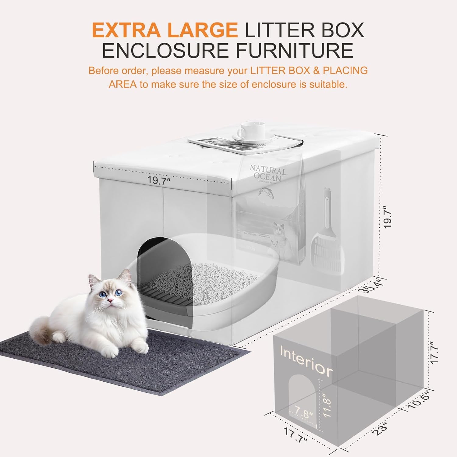 Cat Litter Box Enclosure Furniture Hidden, Cat Washroom Bench Storage Cabinet Waterproof Inside/Easy Clean | Easy Assembly | Odor Control