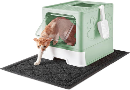 Cat Litter Box with Litter Mat and Scoop, Large Foldable Litter Box with Lid, Front Entry Top Exit Kitty Litter Box, Odor Control Easy Clean 