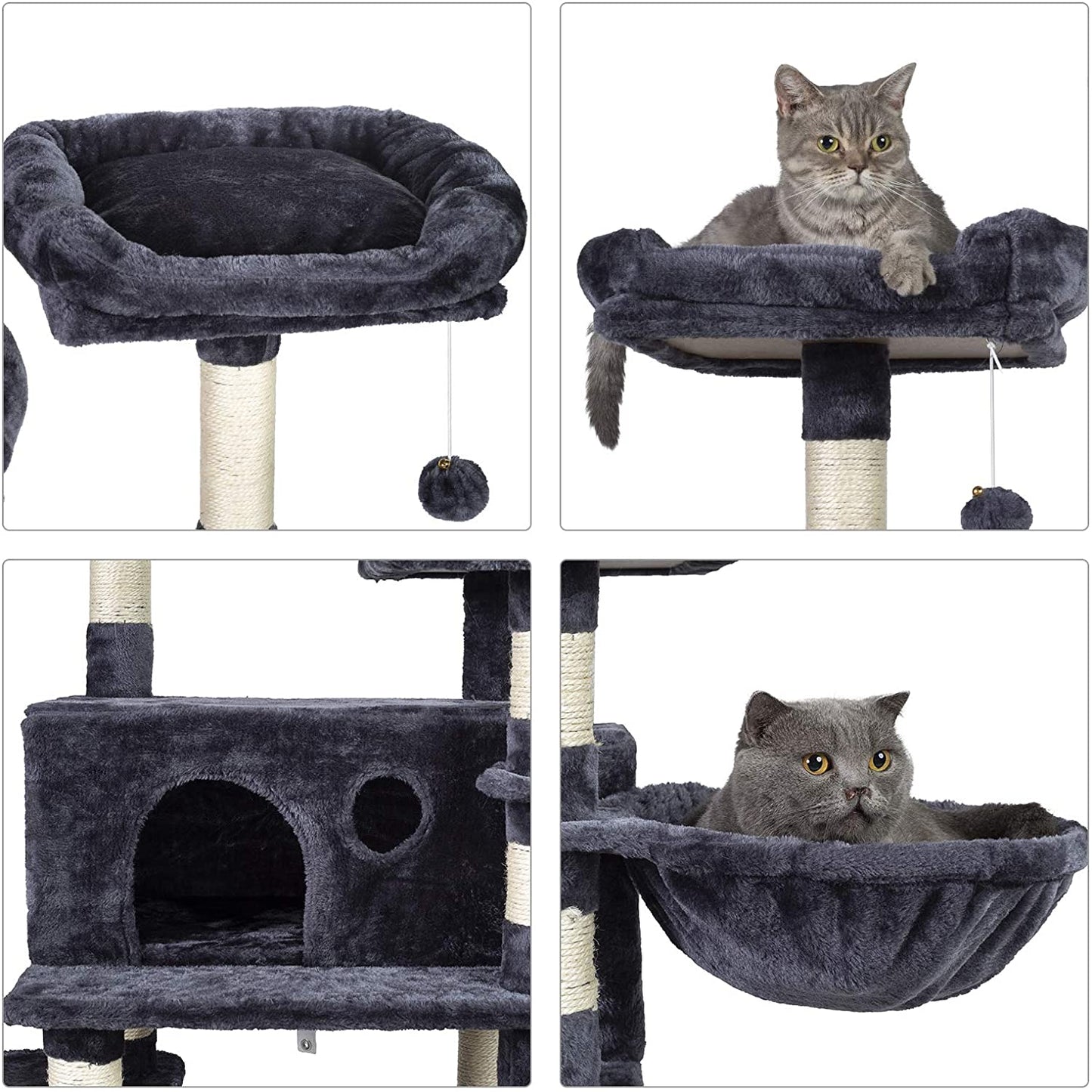 Cat Tree for Large Cats, Cat Tower with Scratching Posts, 2 Padded Plush Perches, Big Condo and Cozy Basket