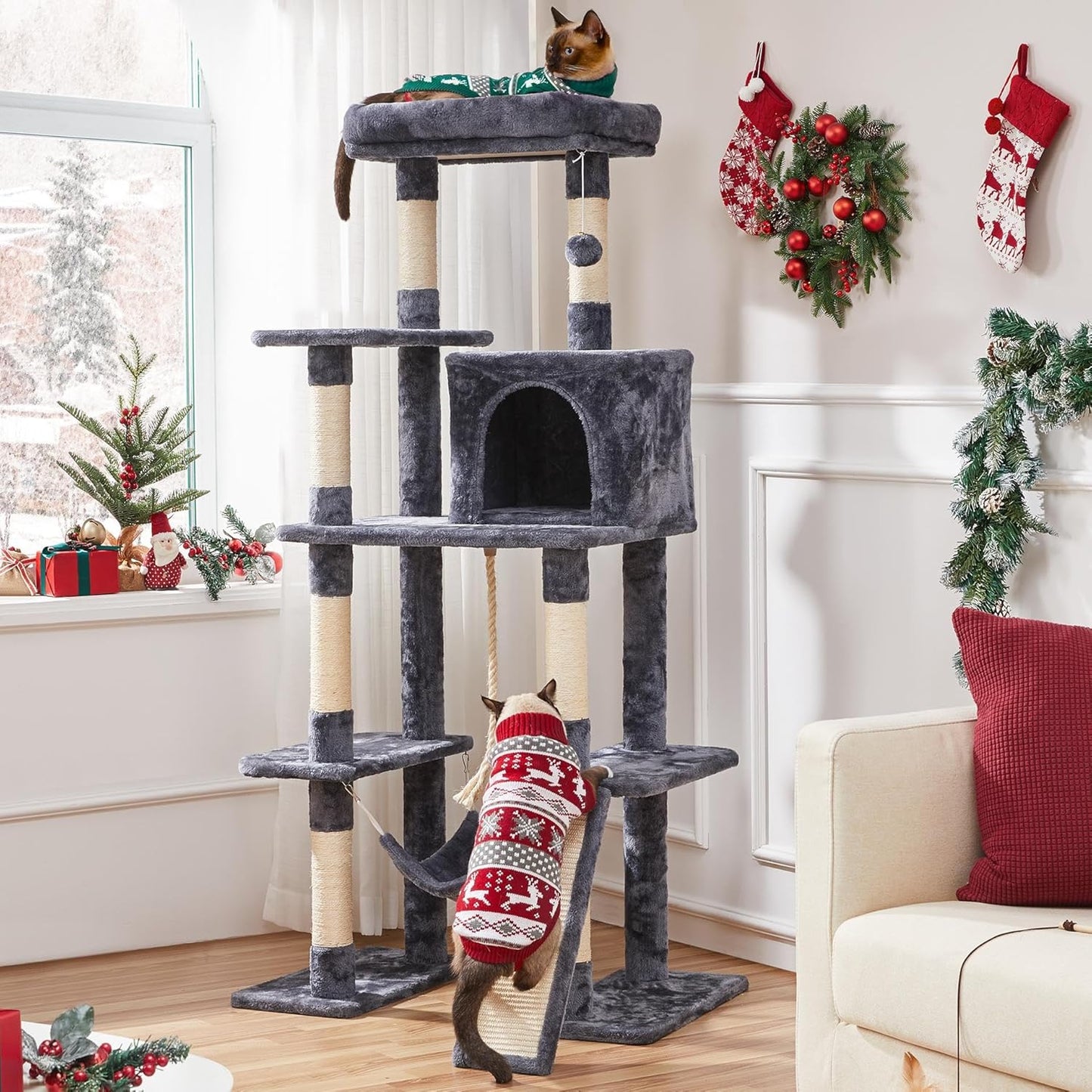 Large Multi-Level Cat Tree, 63 Inches Tall with Sisal-Covered Scratching Posts, Condo, Hammock, Dangling Ball, and Extended Platform for Cats to Play and Sleep