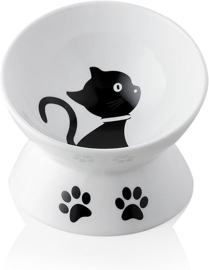 Ceramic Raised Cat Bowls, Slanted Cat Dish Food or Water Bowls, Elevated Porcelain Pet Feeder Bowl Protect Cat'S Spine, Stress Free, Backflow Prevention (White)