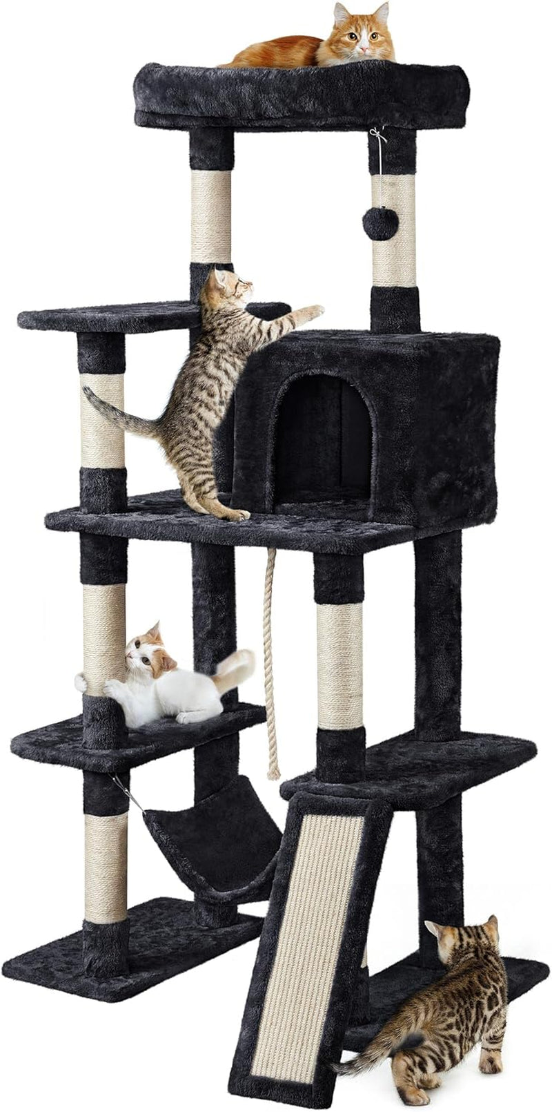 Large Multi-Level Cat Tree, 63 Inches Tall with Sisal-Covered Scratching Posts, Condo, Hammock, Dangling Ball, and Extended Platform for Cats to Play and Sleep